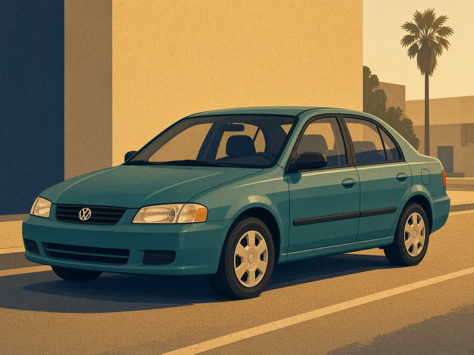 Illustrated cream compact sedan on a navy LAX rental lane.