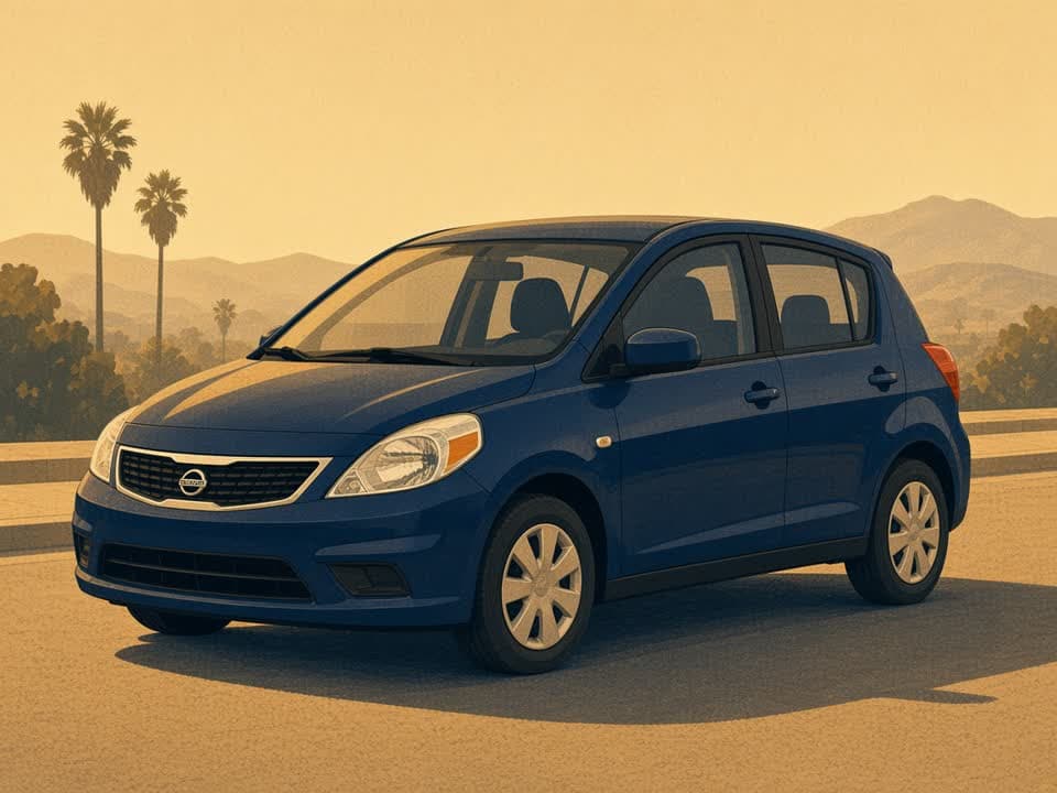 Illustrated cream economy sedan on a navy LAX rental lane.