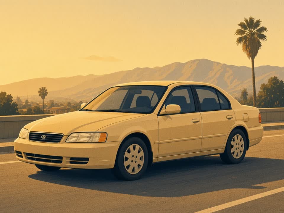 Illustrated cream midsize sedan on a navy LAX rental lane.