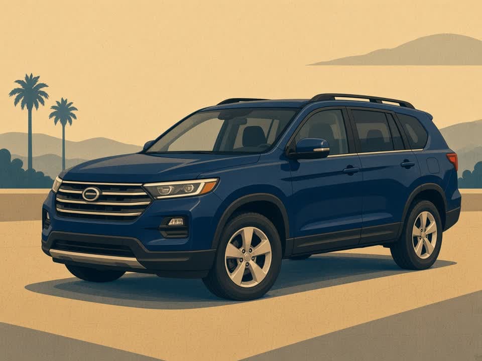 Illustrated cream SUV on a navy LAX rental lane.