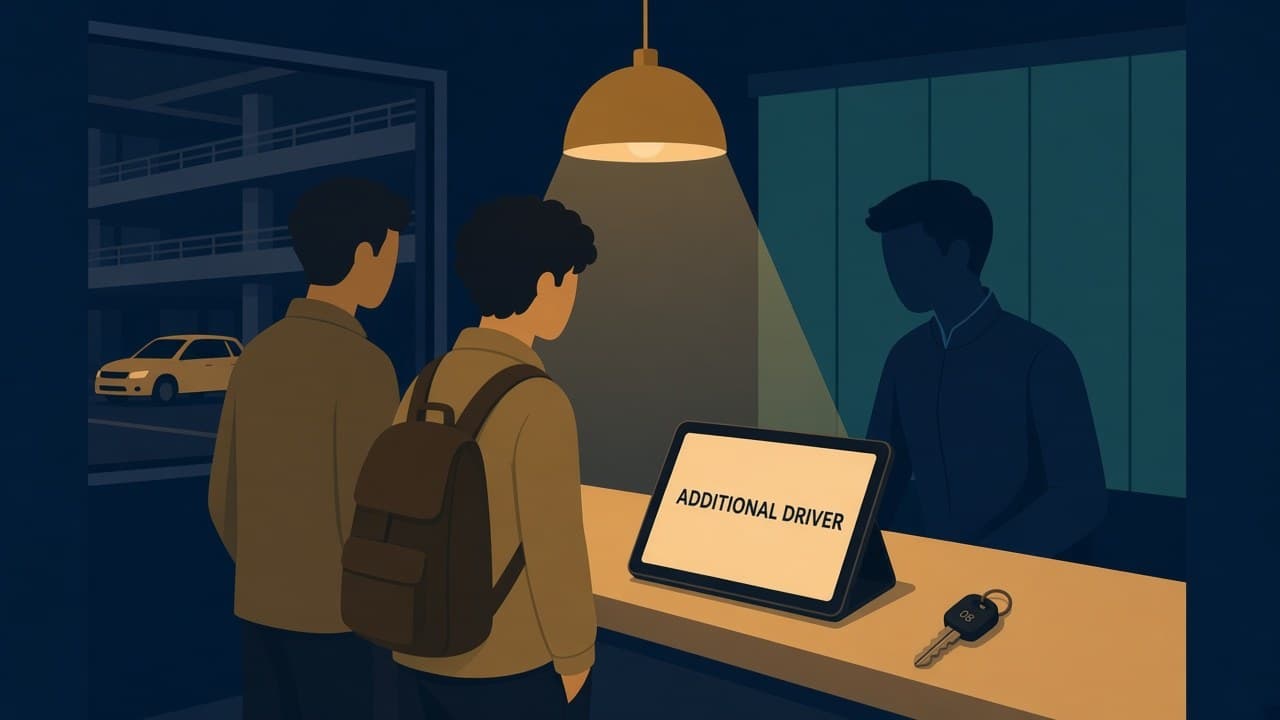 Illustrated LAX rental desk at night where a traveler and a partner stand at a cream counter under a gold lamp, a tablet showing a second-driver line beside a set of keys.