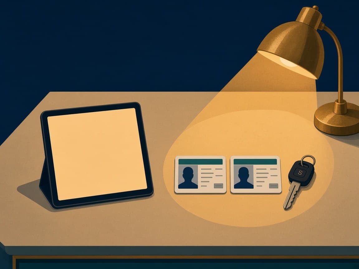 Illustrated close-up of a cream LAX rental desk with a blank tablet, two licenses, and one car key under a gold lamp.