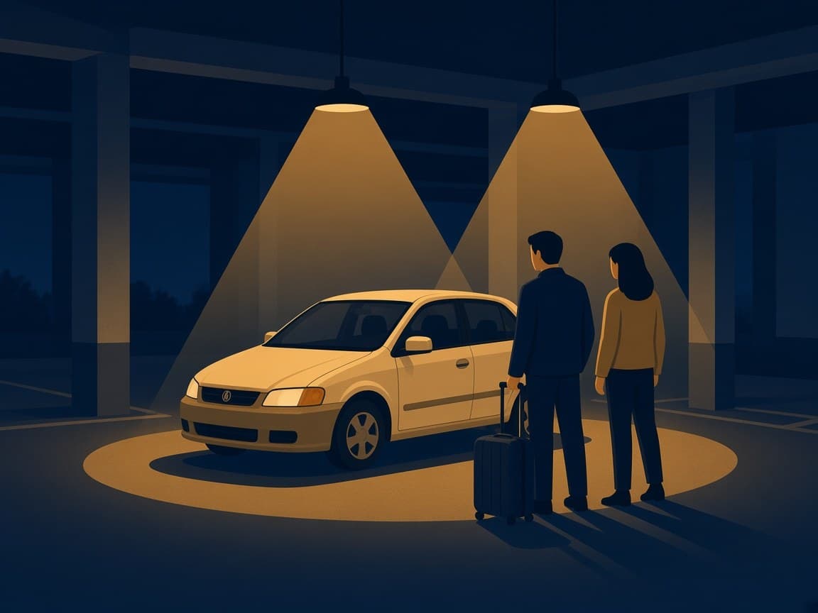 Illustrated night CONRAC garage with a cream compact under gold lamps and two travelers standing beside a suitcase.