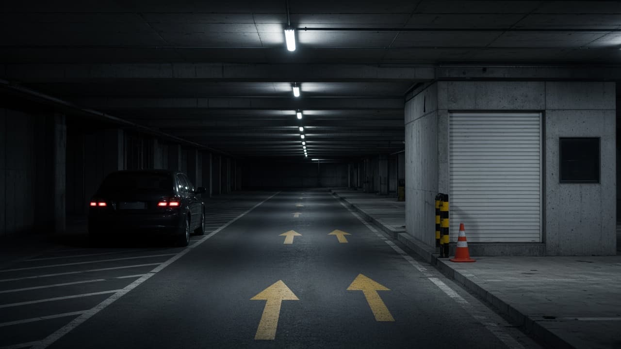 A dark sedan parked in an empty night garage beside a closed roll-down shutter, with yellow arrows on the asphalt pointing down an unused lane.