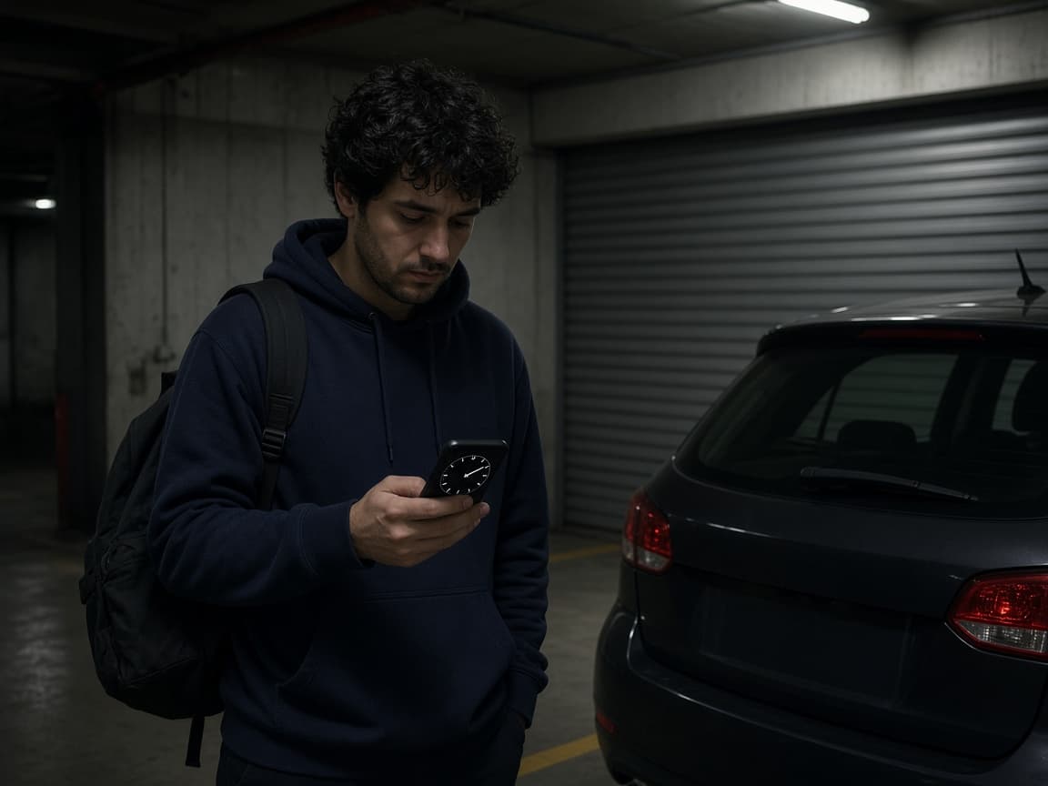 A tired traveler in a dark hoodie checks a phone beside a compact car, with a closed metal shutter in the background of a night garage.