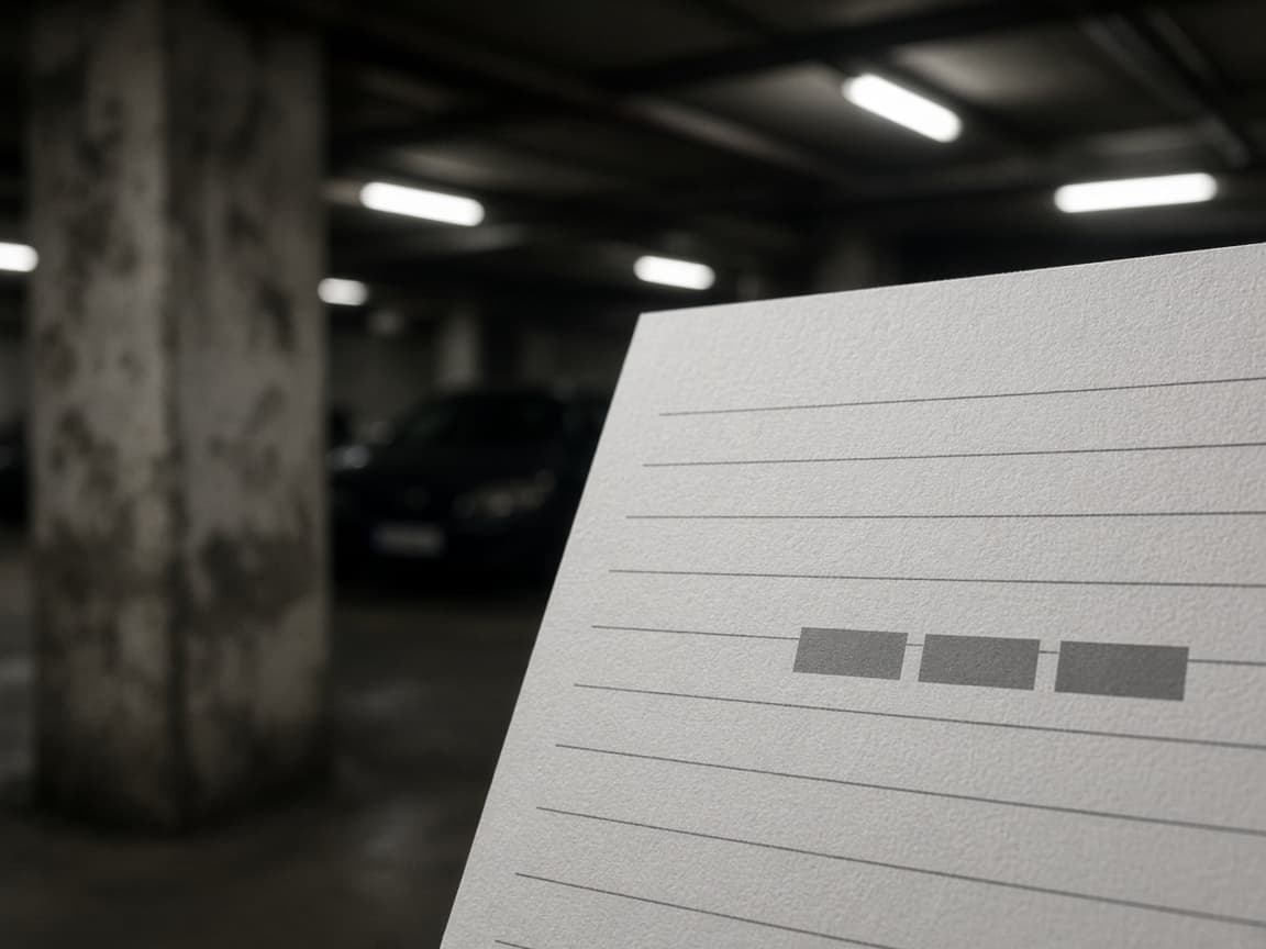 A close-up of a blank rental return form in a dim garage, with a concrete pillar and a parked car out of focus behind it.