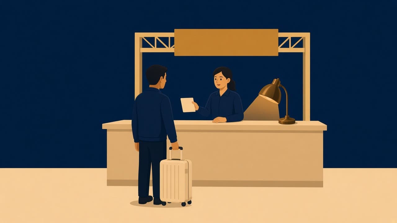 Illustrated night CONRAC desk: a traveler with a suitcase faces a clerk holding a tablet, cream counter, navy walls, gold lamp.