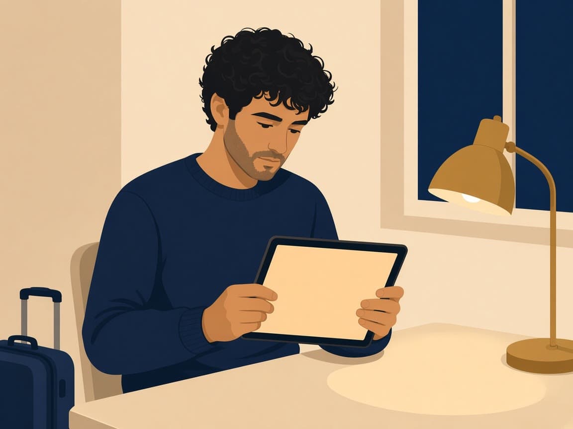 Illustrated traveler at a cream table with a blank tablet, navy chair, and a gold lamp, reading coverage language before a flight.