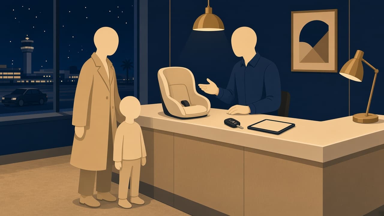 Illustrated night CONRAC desk: a traveler with a small child nearby faces a clerk gesturing at a child seat on the cream counter, an unused key fob beside it, navy walls, gold lamp.
