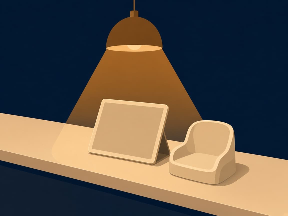 Illustrated cream LAX rental desk under a gold lamp, with a blank tablet and a child booster seat on the counter.