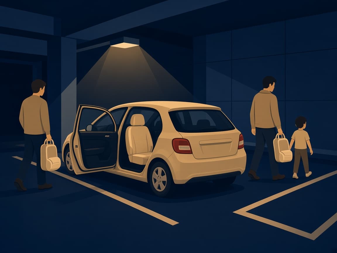 Illustrated navy CONRAC garage: an unused booster sits in a back seat while a family walks past with their own seat bag.