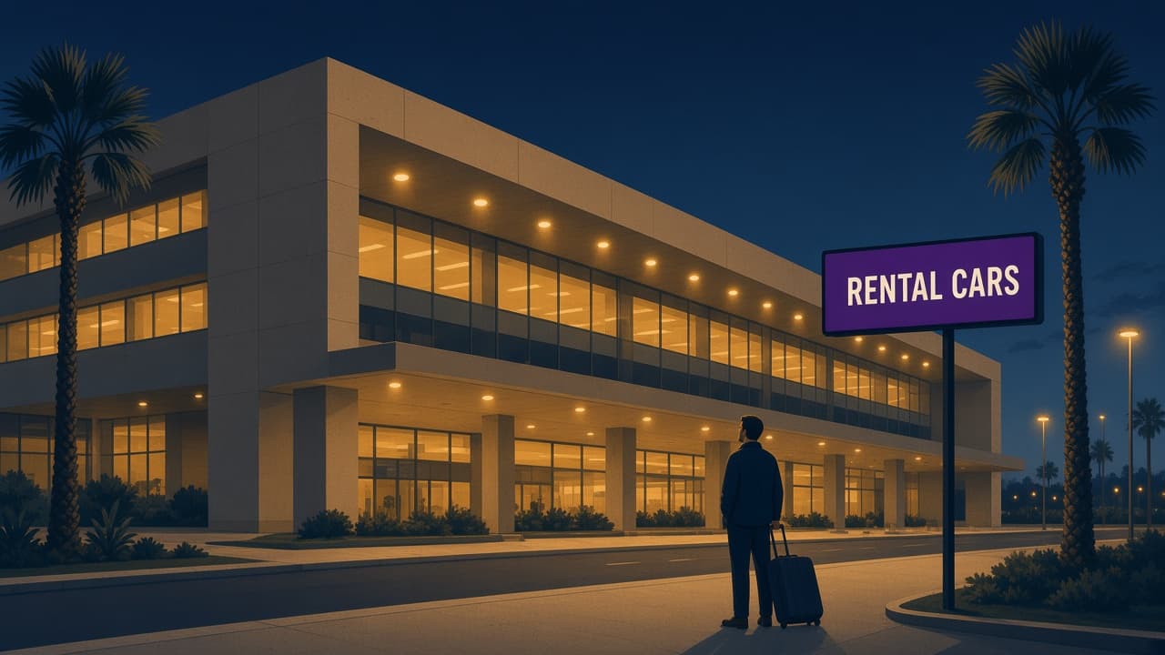 Illustrated dusk scene of a traveler with a suitcase standing under a purple RENTAL CARS sign outside a large gold-lit CONRAC-like facility.