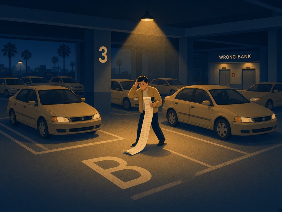 Illustrated LAX rental garage at night with a traveler holding a long ticket under a gold lamp between mismatched stall letters and the wrong elevator bank.