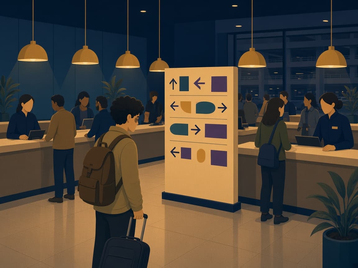 Illustrated CONRAC lobby with a glowing multi-arrow directory board, gold pendant lamps, and a tired traveler staring at conflicting brand counters.