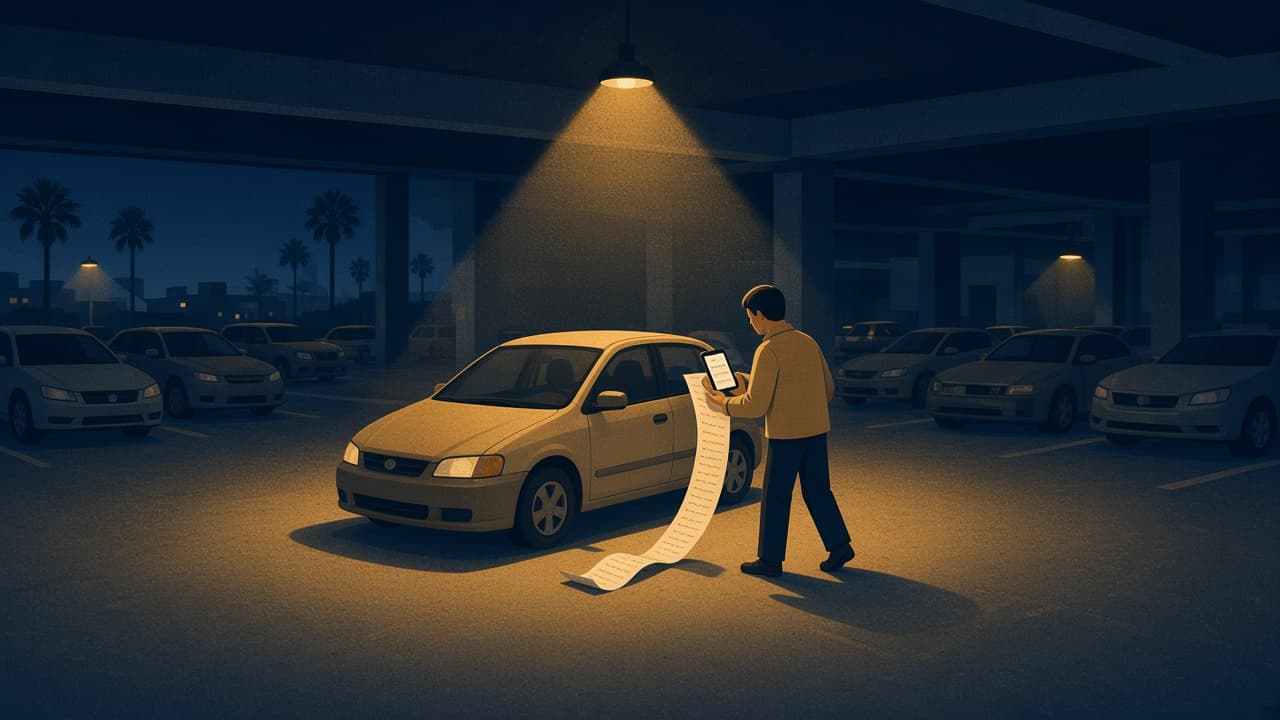 Illustrated night scene of a traveler in an LAX rental garage holding a long receipt beside a compact car under a gold lamp.