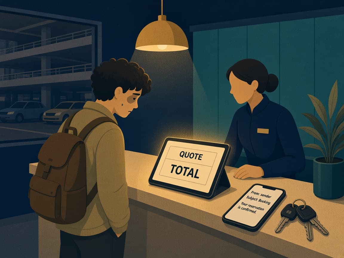 Illustrated LAX rental counter where a tablet shows QUOTE versus a larger TOTAL next to a phone with a booking email.