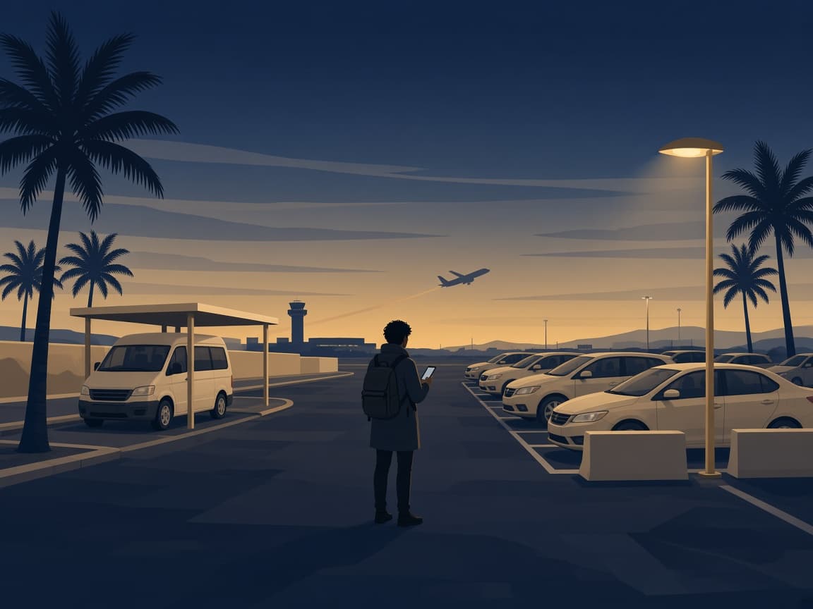 Illustrated dusk scene of two LAX parking choices: a reserved off-site lot with a waiting shuttle van on the left, a larger Economy lot under a gold lamp on the right, and a traveler deciding between them.