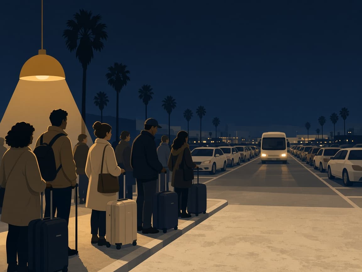 Illustrated night shuttle stop at LAX with tired travelers and suitcases waiting under a gold lamp as a cream van approaches down a parking aisle.