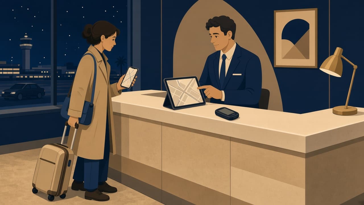 Illustrated night CONRAC desk: a traveler holds a phone with a map while a clerk pitches a tablet with a nav map, cream counter, navy walls, gold lamp.