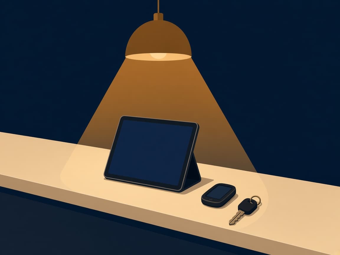 Illustrated cream LAX rental desk under a gold lamp, with a blank tablet and a small GPS puck on the counter.