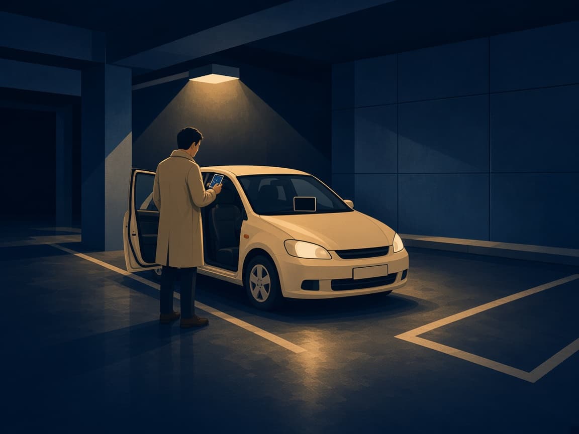Illustrated navy CONRAC garage: a traveler looks at a phone map while a rental sat nav screen sits unused on the dash.
