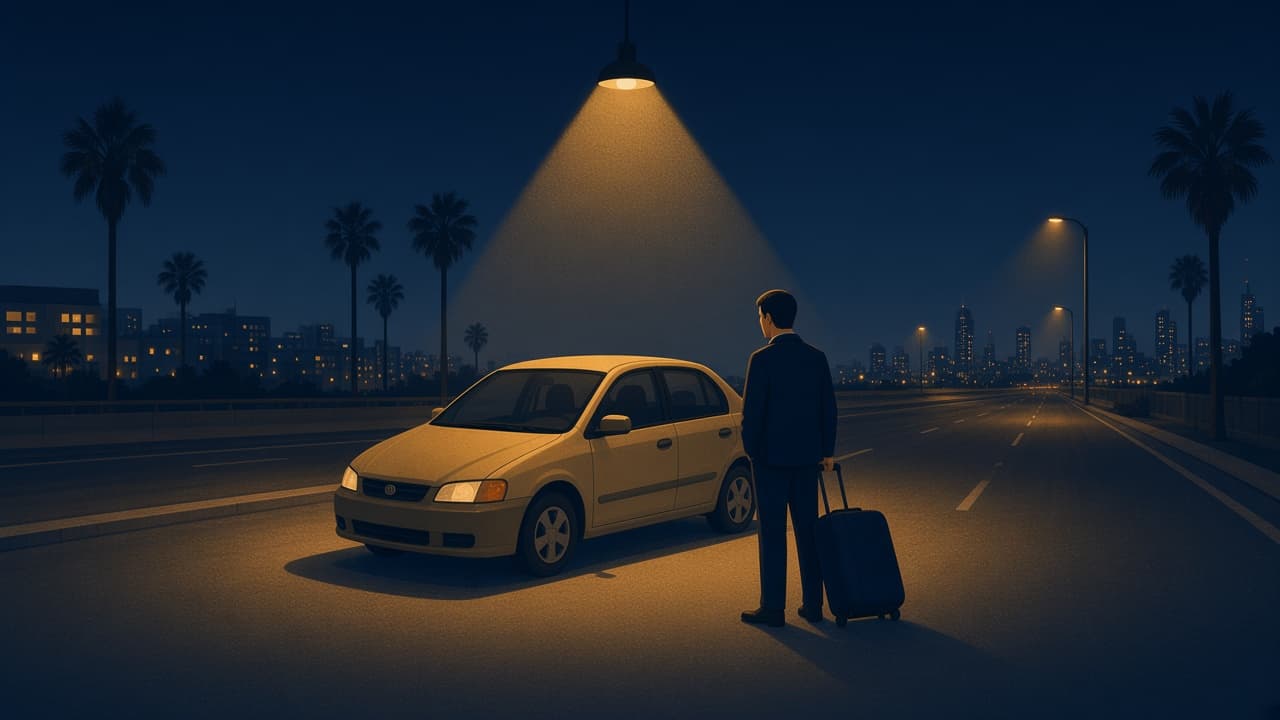 Illustrated night scene of a traveler with a suitcase beside a compact rental car under a gold lamp, highway and palm trees leading away from LAX.