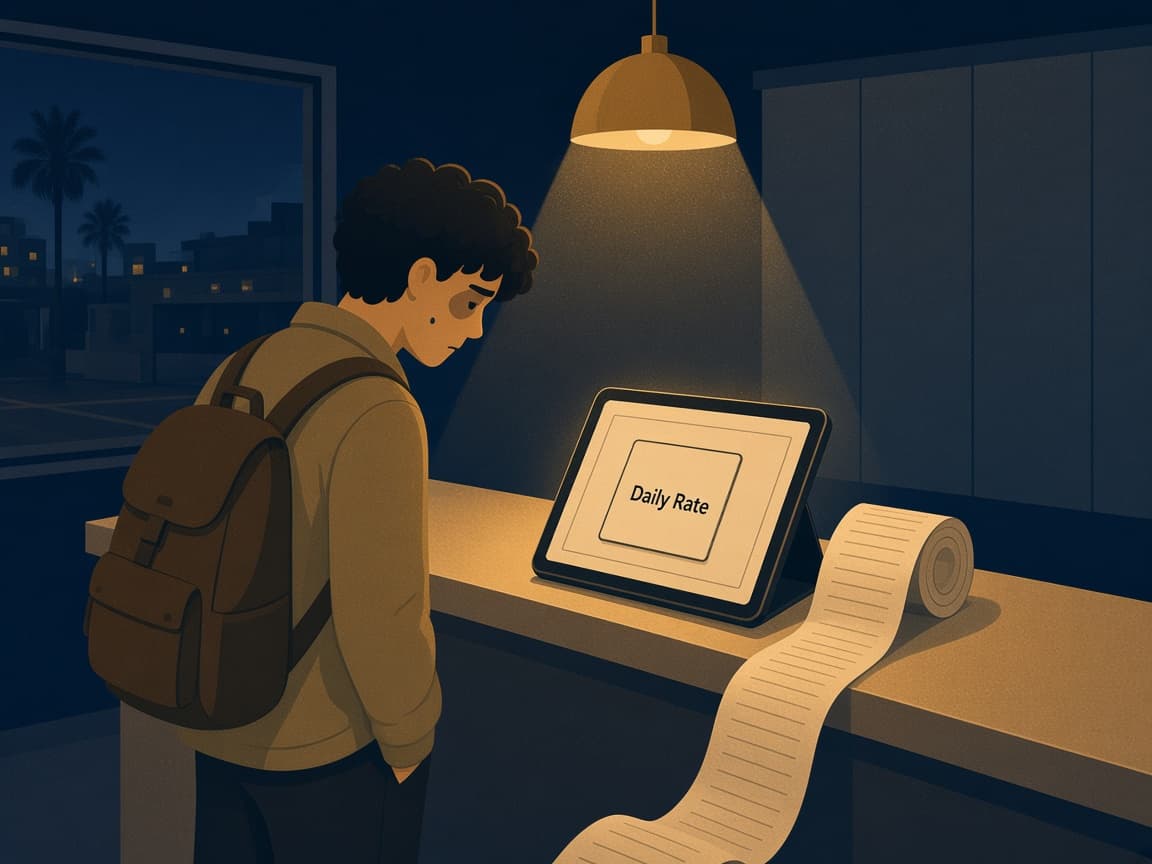 Illustrated LAX rental checkout where a tablet shows a small daily rate next to a long unfurling receipt under a gold lamp.