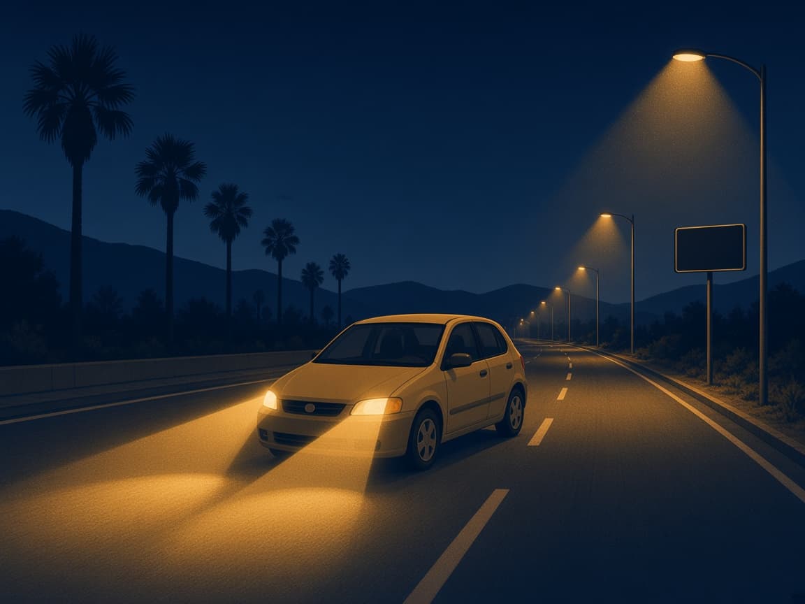 Illustrated night highway leaving Los Angeles, a compact rental car with gold headlights, palm trees, and a blank road sign.