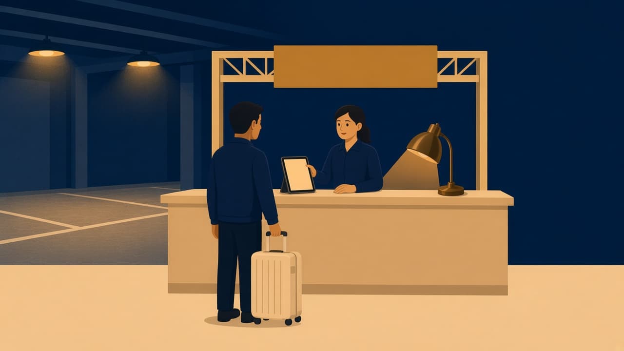 Illustrated night CONRAC desk: a traveler with a suitcase faces a clerk gesturing at a tablet with an empty economy slot, cream counter, navy walls, gold lamp.