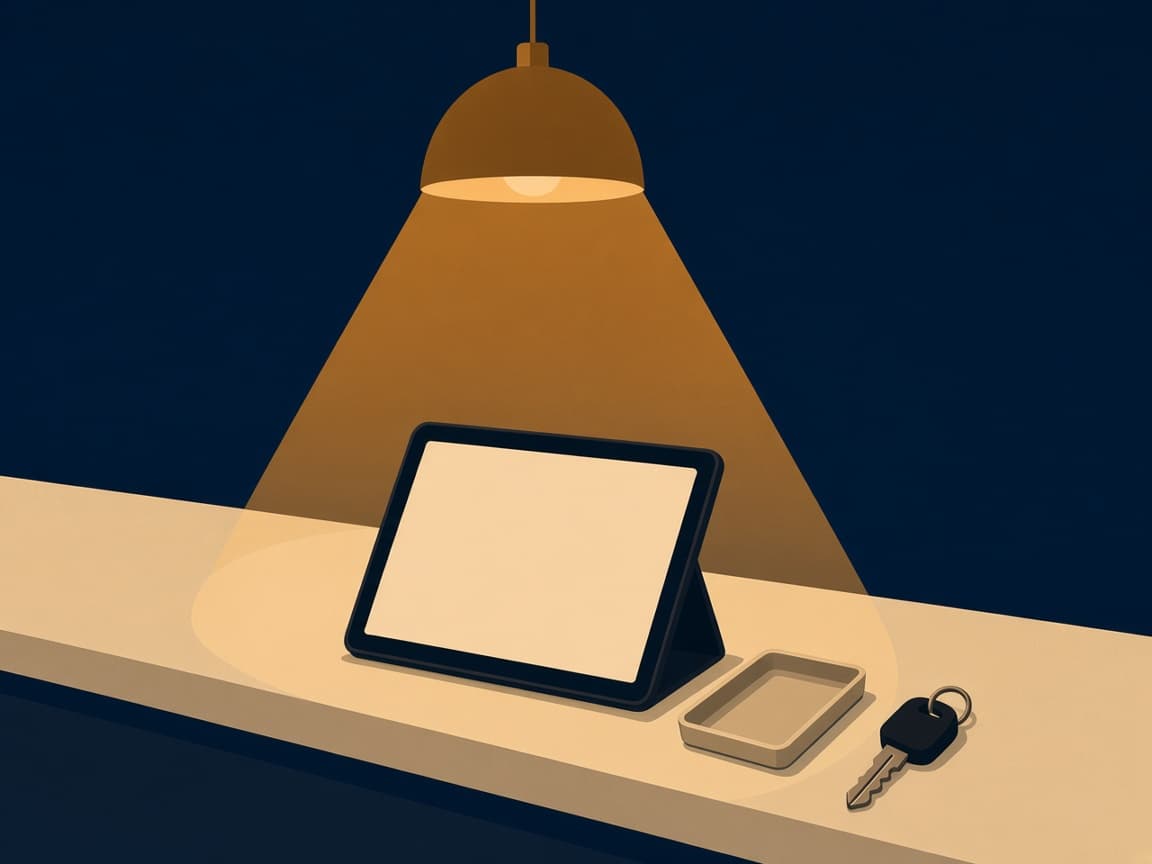Illustrated cream LAX rental desk under a gold lamp, with a blank tablet and a car key on the counter.