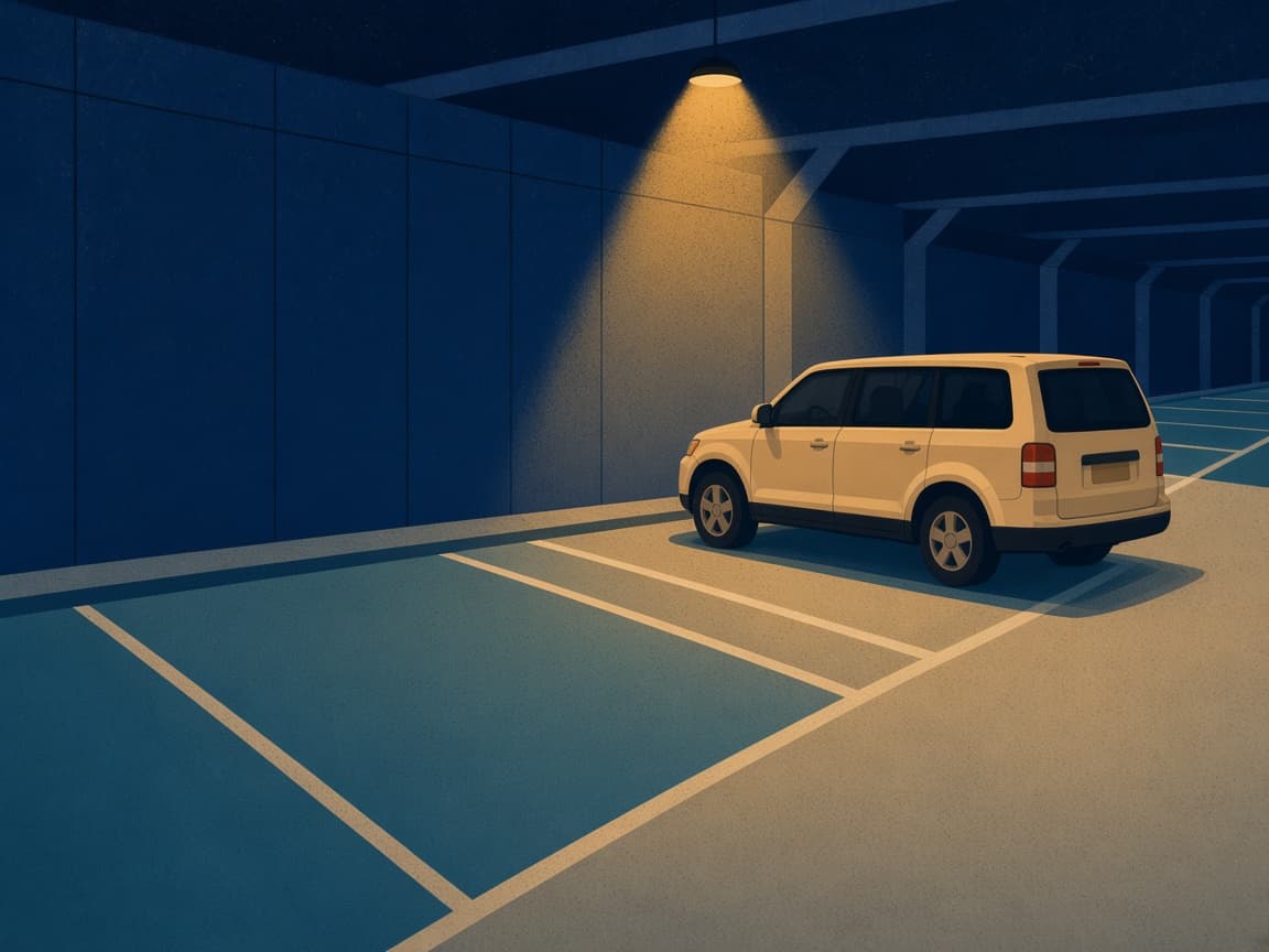 Illustrated navy CONRAC garage with a midsize SUV under a garage light and a smaller empty economy bay nearby.