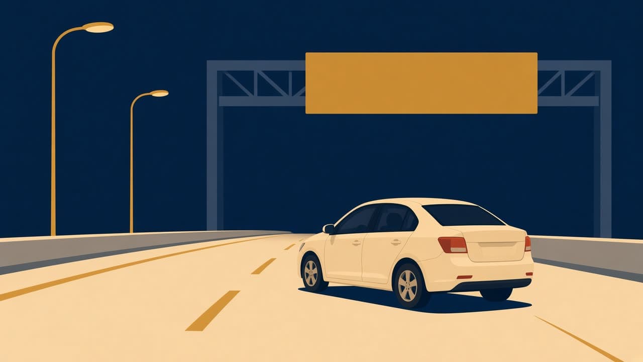 Illustrated night freeway with a cream rental sedan passing under a simple toll gantry, gold lamps along a navy sky.