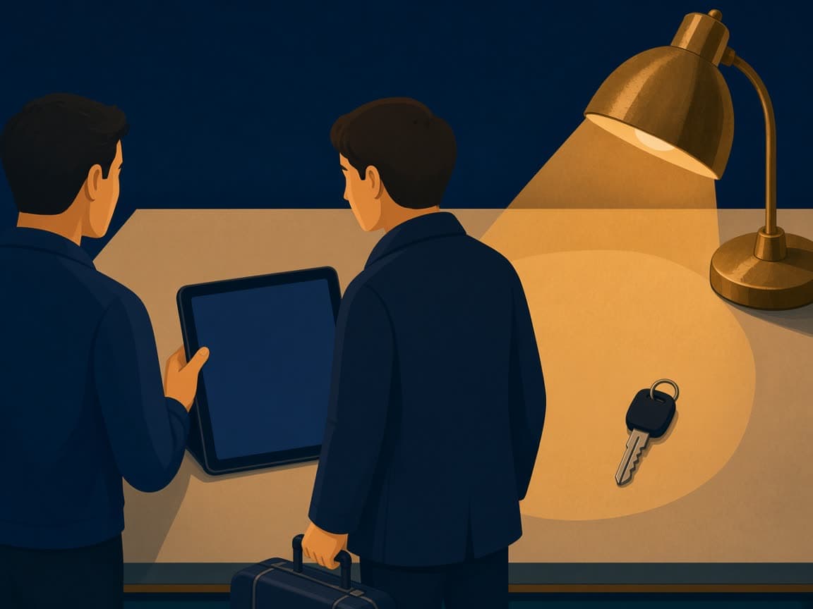 Illustrated cream LAX rental desk under a gold lamp, with a blank tablet, a car key, and a clerk offering a toll-pass add-on.