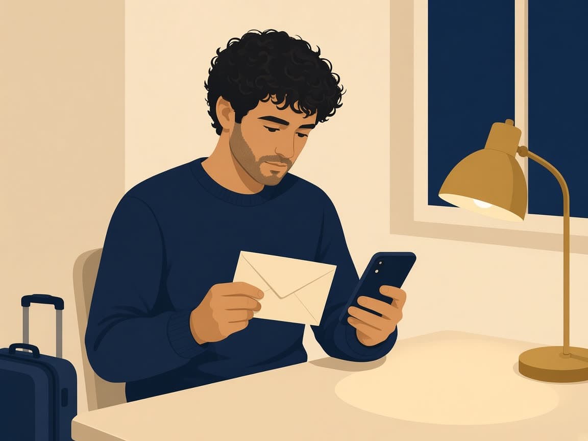 Illustrated traveler at a cream kitchen table at night, opening a blank envelope and reading a blank phone screen weeks after a trip, suitcase still in the corner.