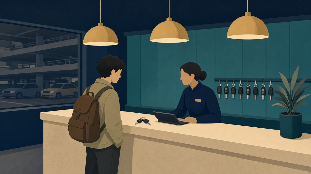 Illustrated LAX rental counter with a young traveler and a clerk facing each other over keys and a tablet.