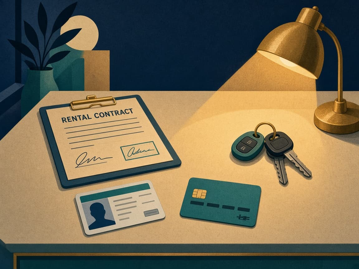 Illustrated rental-desk still life with a tablet contract, license, card, and keys on a sand-colored counter.