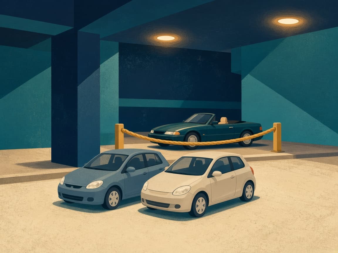 Illustrated garage with two compact rentals in front and a sportier car sitting behind a gold barrier.