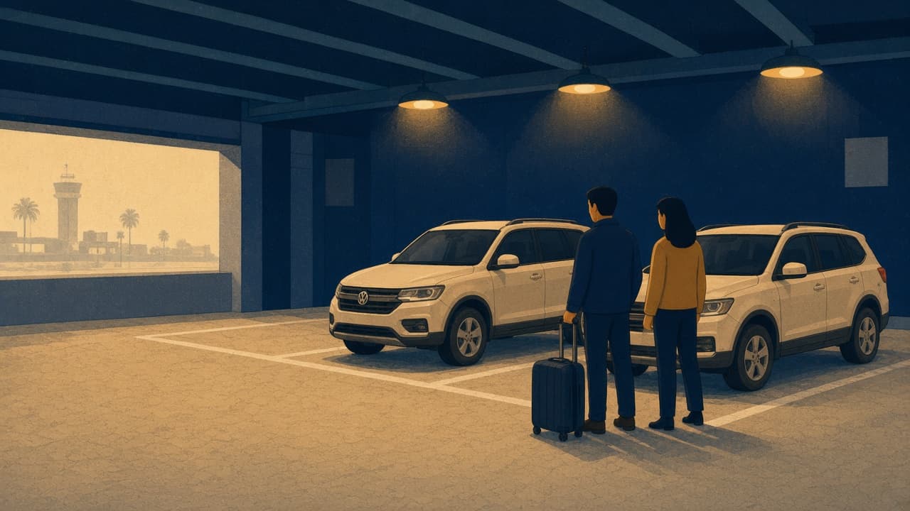 Illustrated LAX rental garage with two cream midsize SUVs parked under gold lamps beside an empty van-sized stall.