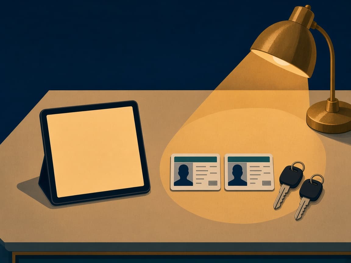 Illustrated cream LAX rental desk under a gold lamp, with a blank tablet, two licenses, and two car keys.