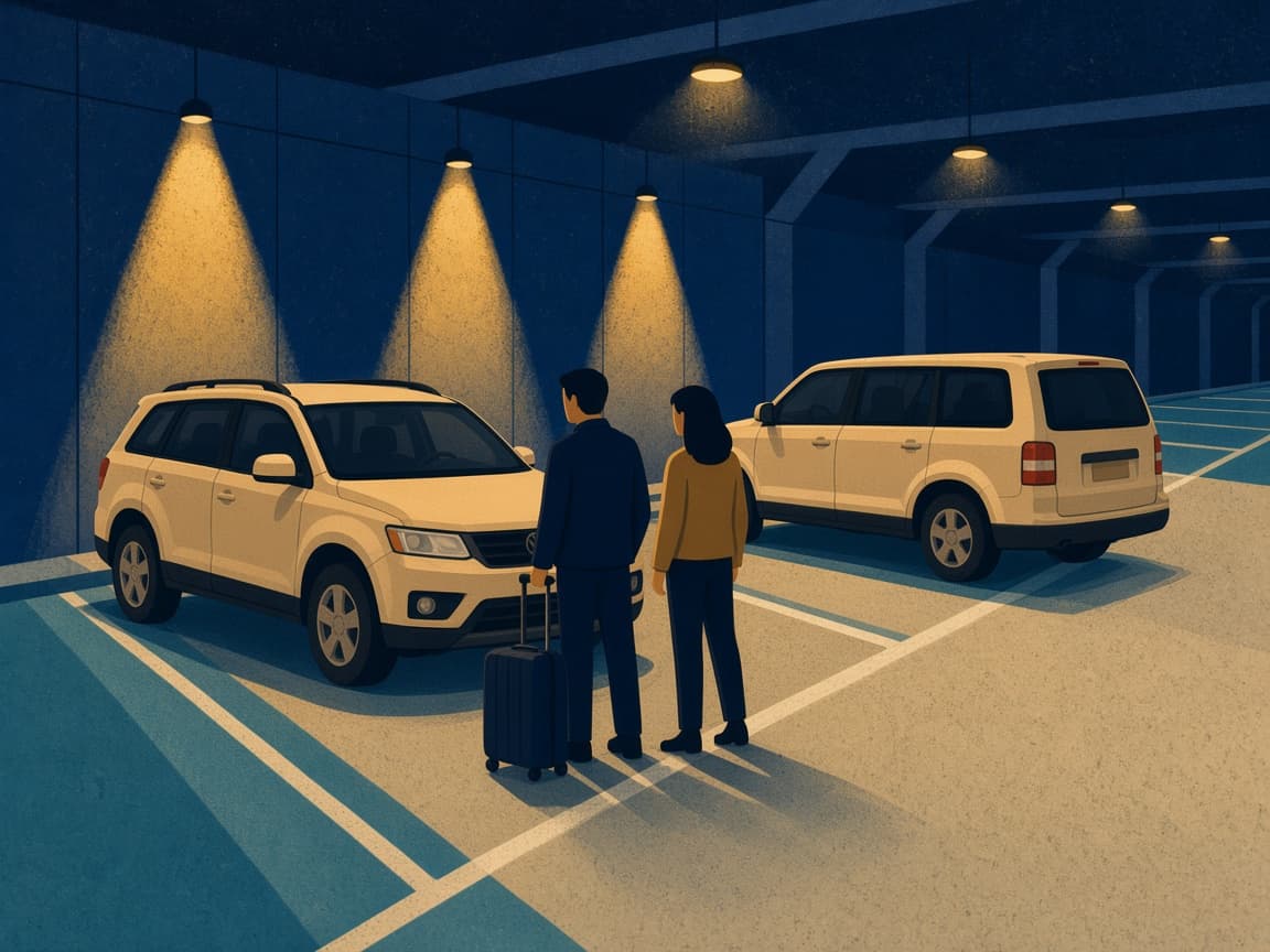 Illustrated night CONRAC garage with two cream midsize SUVs under gold lamps and travelers standing between the stalls with suitcases.