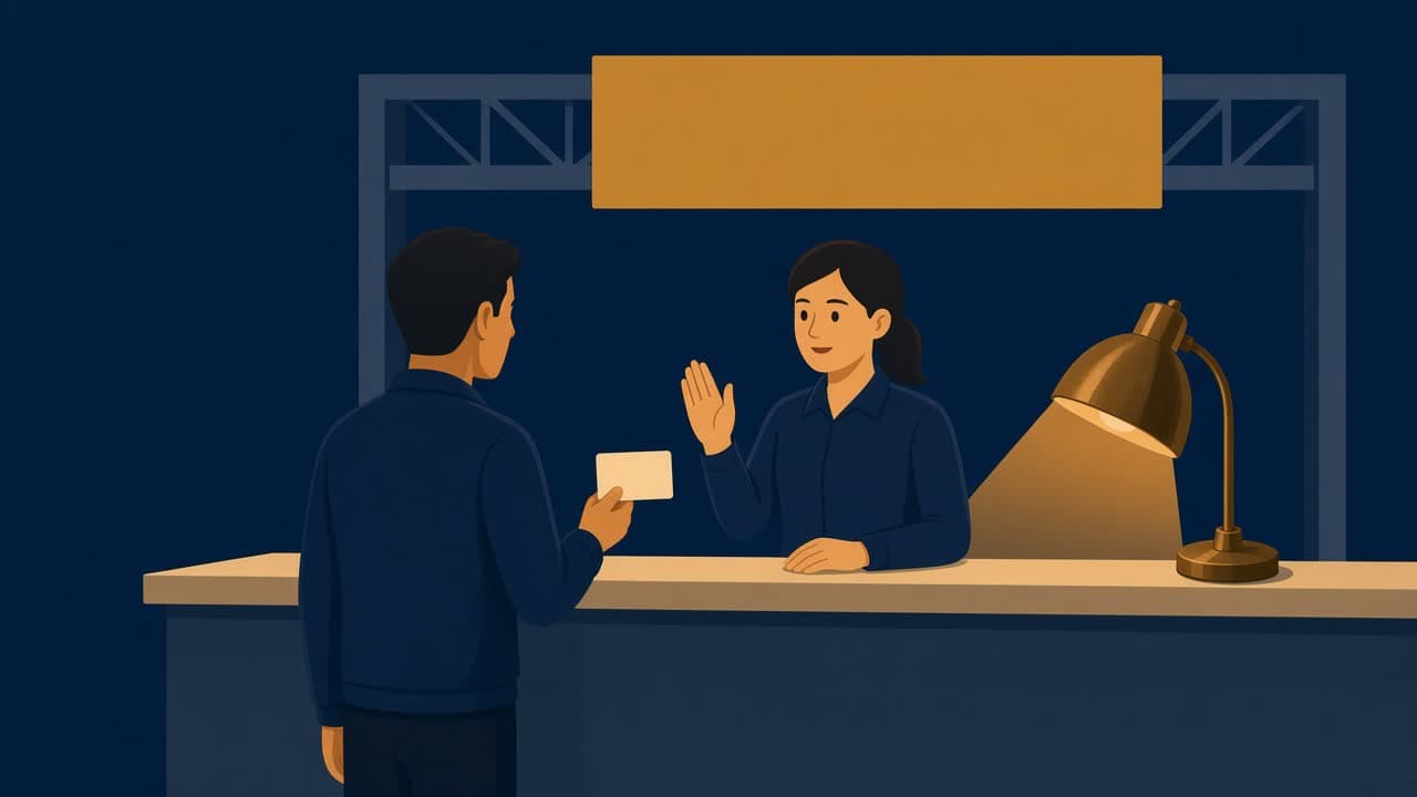 Illustrated night CONRAC desk: a traveler holds a debit card while the clerk declines it, cream counter, navy walls, gold lamp.