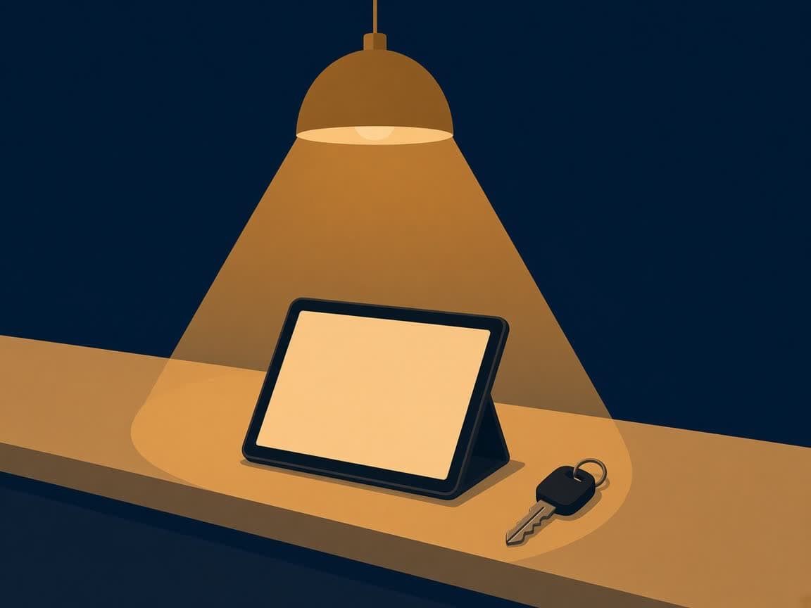 Illustrated cream LAX rental desk under a gold lamp, with a blank payment screen and a car key on the counter.