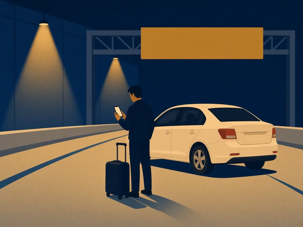 Illustrated traveler in a navy CONRAC garage on a phone, with a cream compact waiting under garage light.