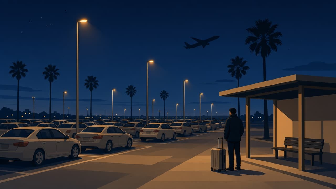 Illustrated Friday evening at LAX Economy Parking: a traveler with a suitcase waits at a shuttle shelter under gold lamps, rows of cars and a departing plane in a navy sky.