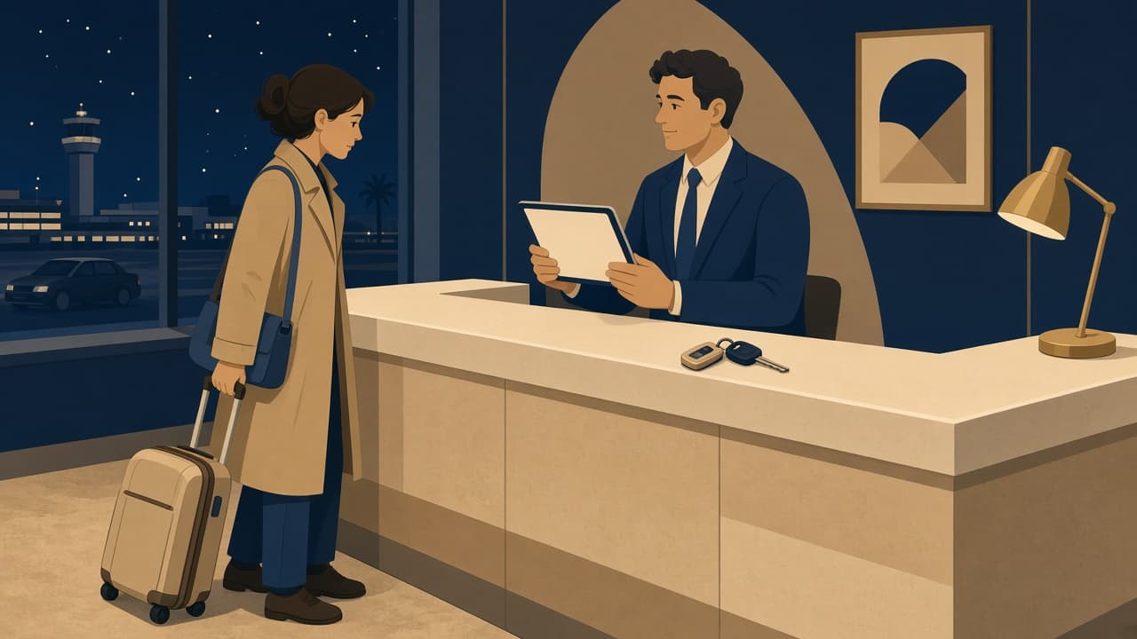 Illustrated night CONRAC desk: a traveler with a suitcase faces a clerk holding a tablet, cream counter, navy walls, gold lamp.