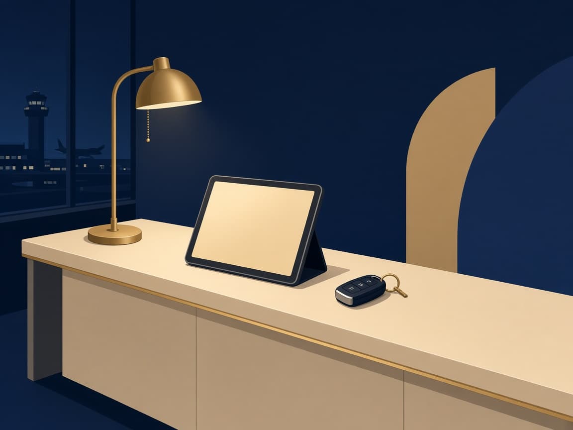 Illustrated cream LAX rental desk under a gold lamp, with a blank tablet and a car key on the counter.