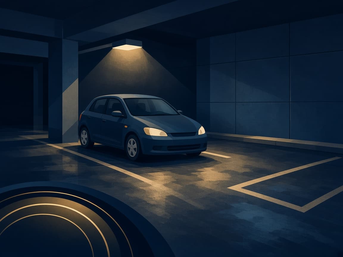 Illustrated navy CONRAC return lane with a compact car under a garage light and an empty stall nearby.