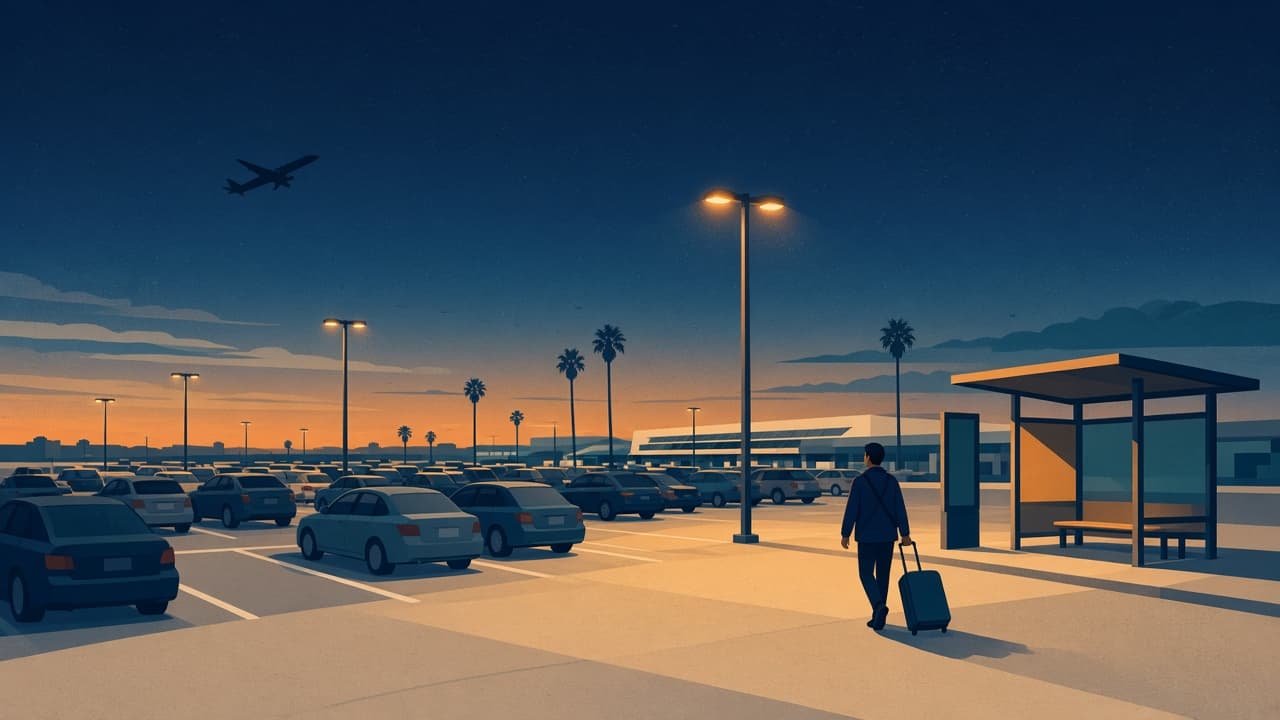 Illustrated dusk parking lot near LAX with gold light poles, a departing plane, and a traveler walking to a shuttle stop.