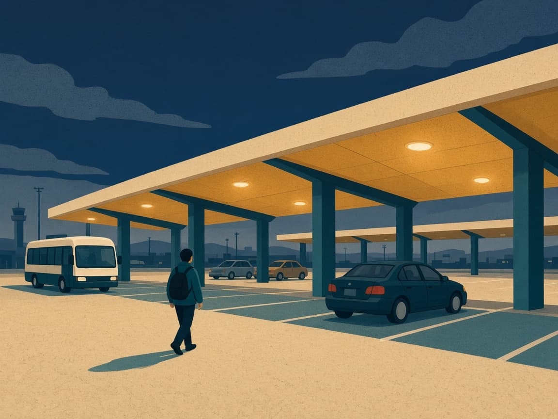 Illustrated covered off-airport LAX parking lot at evening with a shuttle waiting under gold canopy lights.