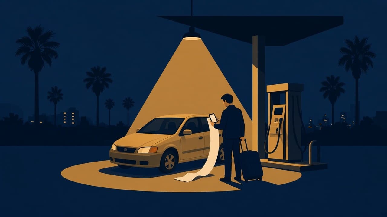 Illustrated night scene of a traveler with a suitcase beside a cream rental car at a gas pump under a gold lamp, a long receipt unfurling toward the asphalt.